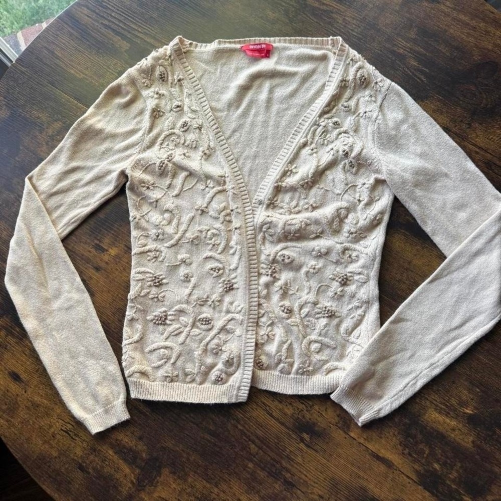 Dorothee Bis Women's Cardigan Beige Embroidered Floral Beaded Vintage Small